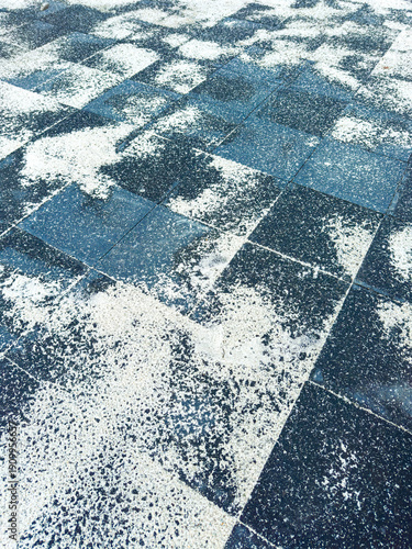Dirty floor tiles in an outdoor area after rain at a local park in the afternoon on a sunny day with mixed weather