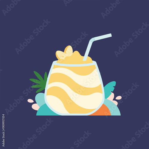 A vibrant vector illustration depicts a tropical banana smoothie in a glass with a straw, surrounded by colorful abstract foliage on a dark background.