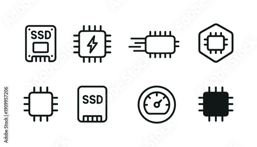 Computer hardware outline icon set. Ssd, chip, processor technology symbols collection.