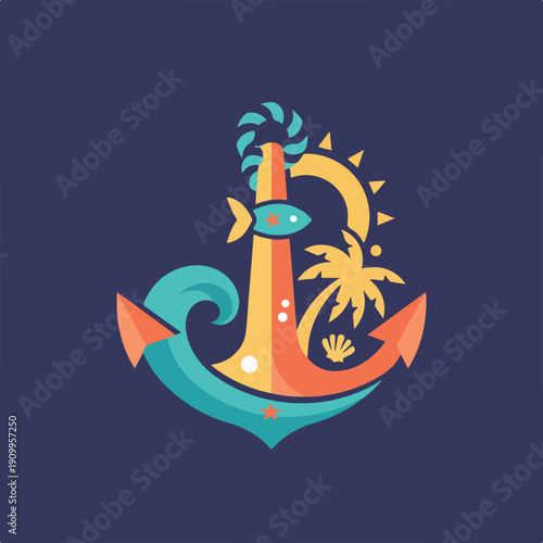 A vibrant anchor illustration combining nautical elements like waves, fish, and rope with tropical symbols such as a palm tree and sun.