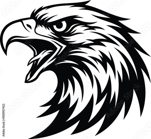 Fierce bald eagle head vector illustration with open beak and sharp eye, aggressive bird of prey mascot silhouette isolated on white background.