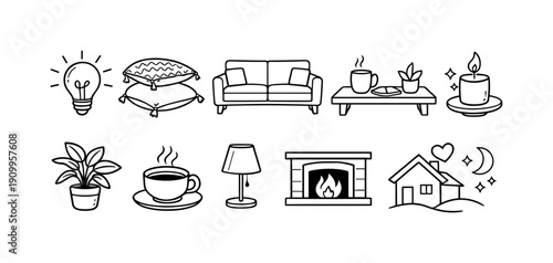 Home and living outline icon set for cozy interiors