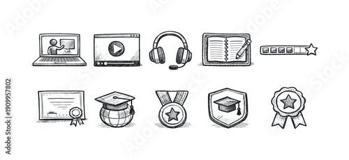Education and e-learning icon set featuring sketch style icons for online courses