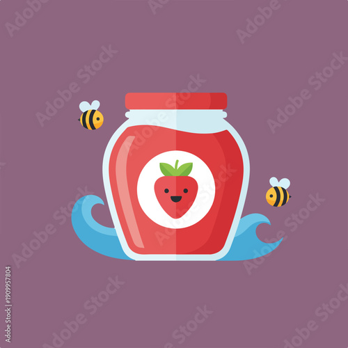 A charming vector illustration showcases a jar of strawberry jam with a happy strawberry label, accompanied by two busy bees and whimsical blue waves.