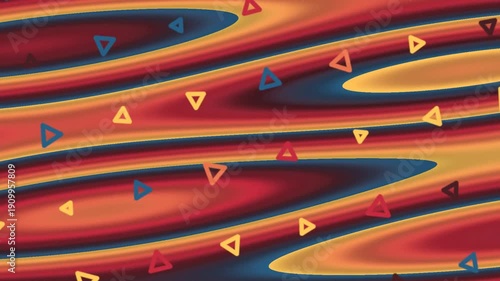 Colorful Triangle Shapes Flowing Over Warm Abstract Waves Background Loop
