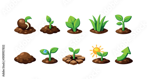 Gardening growth flat icon set. Plant care stages icons in flat style.