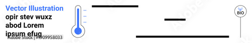 Health monitoring, temperature measurement, minimalism design, data visualization, medical analytics, scientific research. Blue thermometer and abstract text elements. Health monitoring