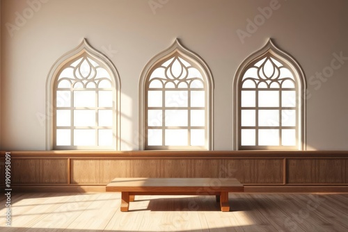 An empty room with three arched windows featuring ornate tracery light-colored wooden wainscoting a wooden floor and a low rectangular wooden table Sunlight casts geometric shadows
