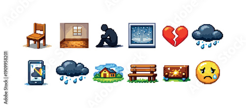 Emotion, weather, furniture pixel art icon set. Expressive pixelated icons collection