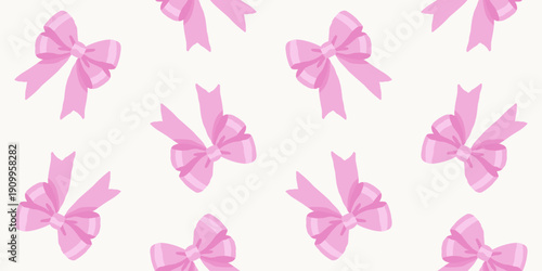 Seamless pattern with scattered pink ribbon bows on a light neutral background in a soft and playful decorative illustration style.