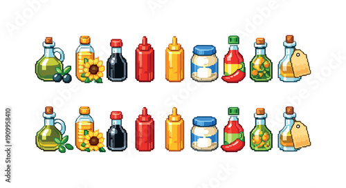 Condiments pixel icon set: sauces, oils, spreads, herbs in 8-bit style collection