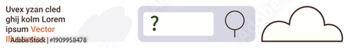 Data storage, cloud technology, digital queries, search engines, online services, programming. Search bar with question mark, magnifying glass and cloud icon. Data storage and cloud technology