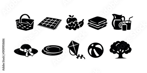 Picnic silhouette icon set with food, drink, and outdoor activity elements