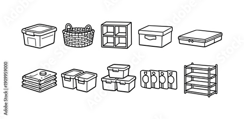 Storage and organization outline icon set. Box, bin, basket, shelf outline icons collection