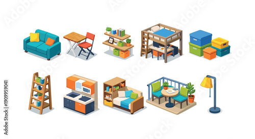 Furniture, home decor 3d icon set. Interior elements and furniture collection