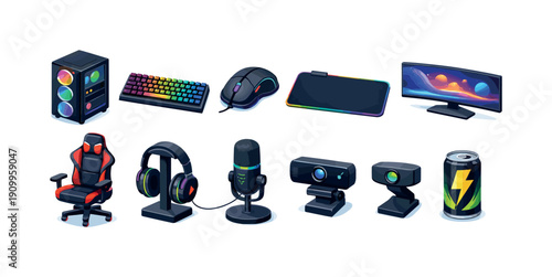Gaming equipment 3d icon set. Pc accessories, streaming, technology, gaming gear.
