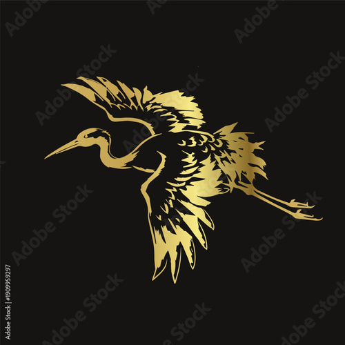 crane bird fly japanese chinese vector ink traditional asian golden design isolated