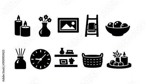 Home decor silhouette icon set. Living room essentials in silhouette style