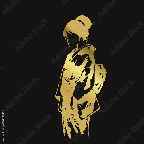 traditional kimono woman japanese vector ink asian golden design isolated