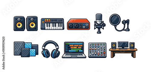 Music production icon set. Studio equipment, instruments 3d icons collection