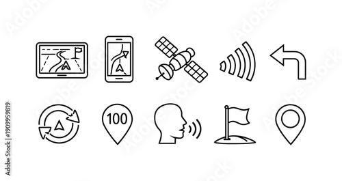 Navigation and gps icon set. Map, route, satellite, location icons outline collection.
