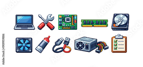 Computer, hardware flat icon set. Devices, components, tools collection