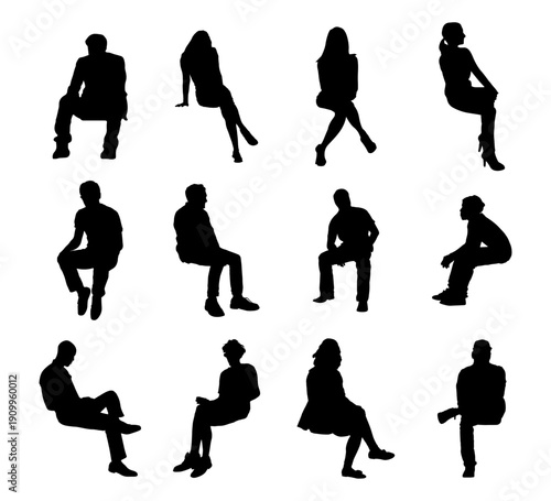 Set of sitting people silhouette on white background. Collection of sitting people silhouette