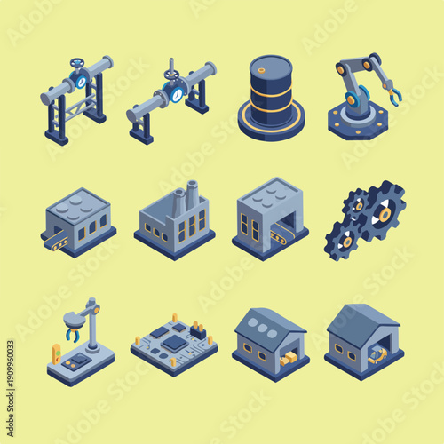 Isometric vector icons illustrating industrial and manufacturing elements like pipelines, robotic arms, factories, and circuit boards.