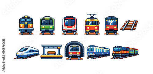 Transportation and railway flat icon set. Trains, subways, stations graphics collection