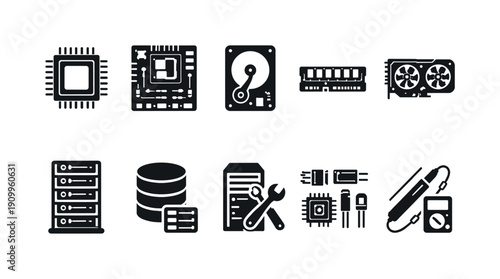 Computer hardware solid icon set. Cpu, gpu, storage, memory devices solid collection