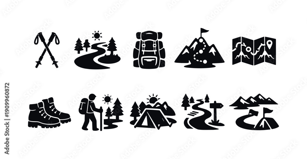 Fototapeta premium Hiking and camping silhouette icon set. Adventure, outdoor activity icon collection
