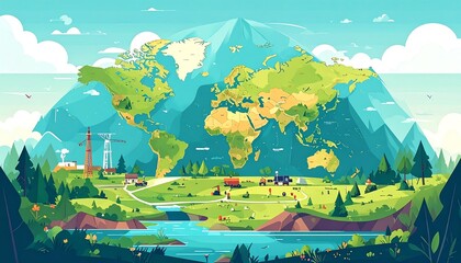 Keuken achterwand Turquoise Illustration portraying a vibrant, mountainous landscape with the world map integrated  © bavuy