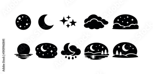 Moon and night silhouette icon set. Stars, clouds, sky elements collection.