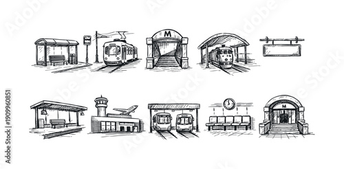 Public transportation sketch icon set. Urban travel, transport outline icons collection