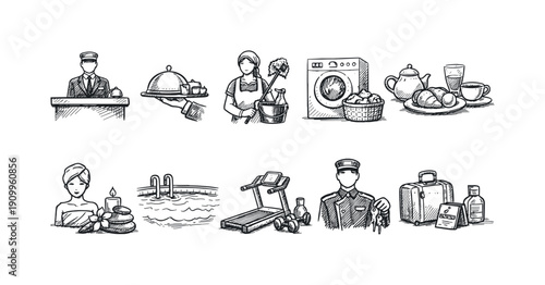 Hotel and hospitality sketch icon set. Concierge, laundry, fitness, spa outline icons