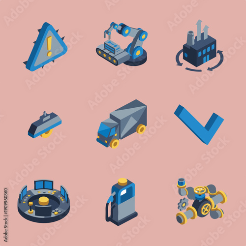 A set of nine isometric vector icons illustrating industrial processes, technology, transportation, warnings, and control systems in blue, gray, and yellow.