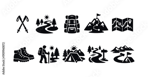 Hiking and camping silhouette icon set. Adventure, outdoor activity icon collection