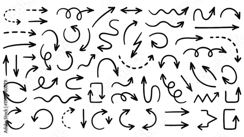 Collection of hand-drawn black arrows pointing in various directions isolated on a clean white background for design elements.
