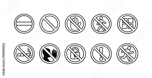 No entry, prohibition line icon set. Warning, safety, forbidden outline graphics