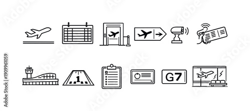 Airport outline icon set. Travel, aviation icons with flight, boarding, terminal symbols