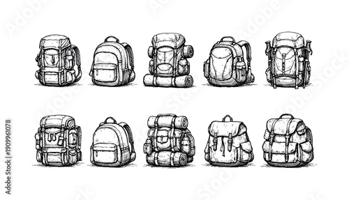 Hiking and camping outline icon set. Backpack, adventure, equipment icons in outline style.