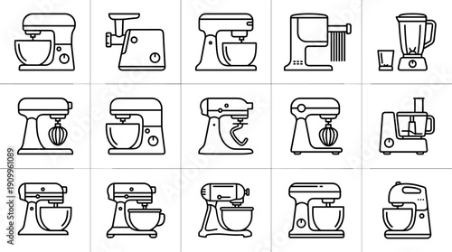 Minimalist Line Art Vector Icon Set of Kitchen Stand Mixers and Small Appliances; Includes Food Processor, Blender, Meat Grinder, and Pasta Maker Icons for Cooking, Baking, and Culinary Projects.