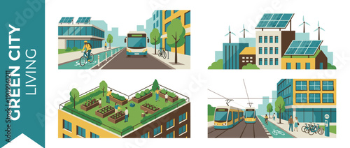 Green City Living Concept Illustration Set featuring Sustainable Urban Life with Solar Panels, Wind Turbines, Public Transport, Cycling Lanes, and Rooftop Gardens for Eco-Friendly Future.