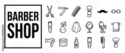 Barber Shop Icon Set with Grooming Tools Like Scissors, Straight Razor, Electric Clippers, Combs, Shaving Brush, Mirror, and Barber Chair in Minimalist Black and White Line Art Vector Illustration