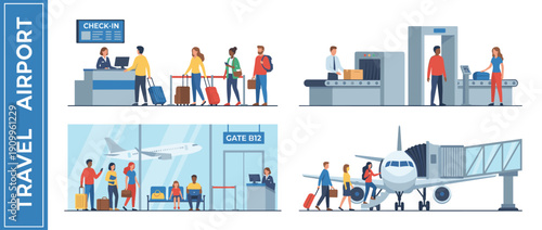 Flat Vector Illustration of Airport Travel Scenes Featuring Passengers at Check-in Counter, Security Screening with X-ray Scanner, Waiting Area at Gate B12, and Boarding an Airplane via Jet Bridge.