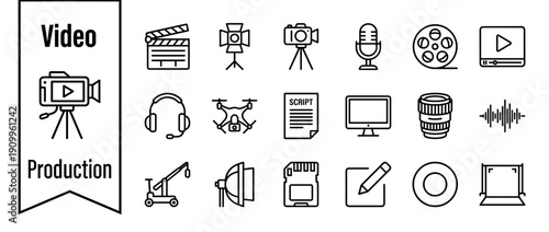 Video Production Icon Set with Professional Filmmaking Equipment like Camera, Microphone, Lighting, Drone, and Editing Tools in a Clean Minimalist Line Art Style for Cinema and Media Projects.