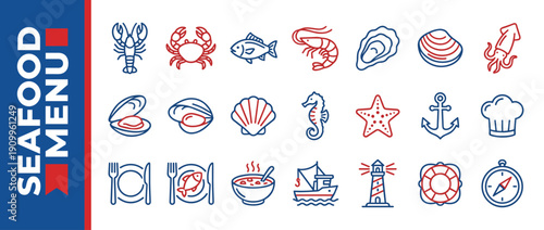 Seafood Menu Icon Collection with Red and Blue Line Art Illustrations of Lobster, Crab, Fish, Shrimp, Oyster, Squid, Shellfish, Anchor, Lighthouse, Fishing Boat, and Nautical Design Elements.