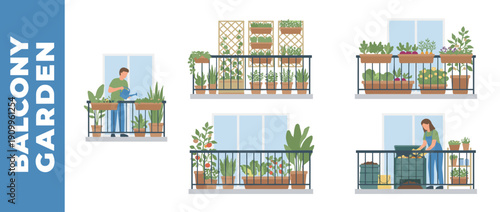 Flat Vector Illustration Set of Urban Balcony Gardens with People Watering Plants, Composting, and Growing Organic Vegetables, Herbs, and Flowers in Small Spaces for Sustainable City Living.