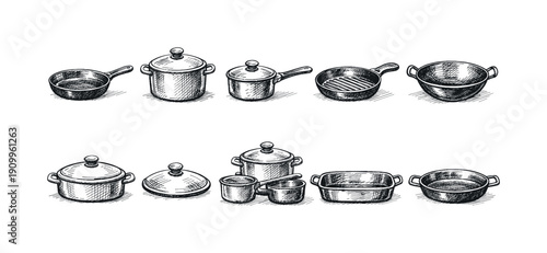 Kitchen utensils outline icon set. Cooking pots, pans, dishes outline collection
