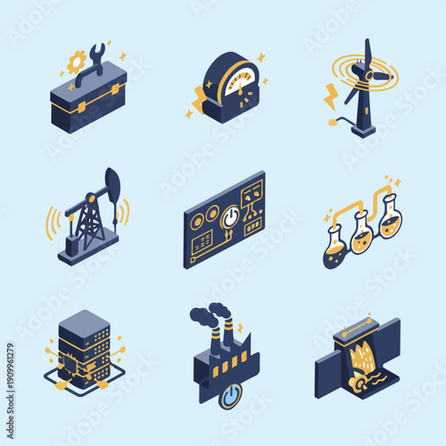 An isometric icon set depicting key industrial, technological, and energy sector elements, from tools and factories to data centers and power generation.